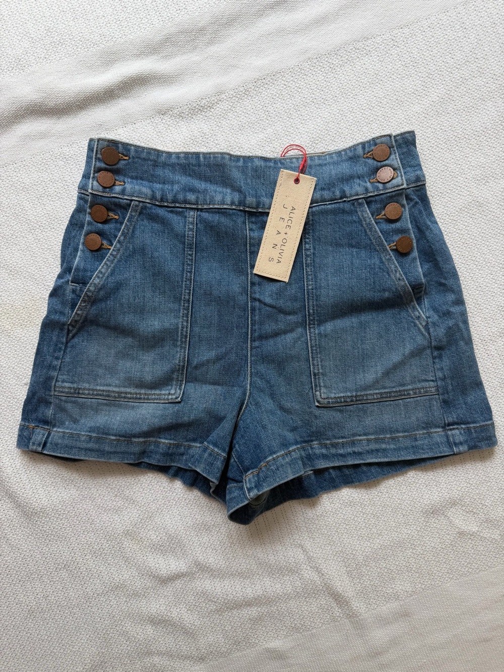 Alice + Olivia Vintage-Style Patch Pocket Denim Shorts in Blue